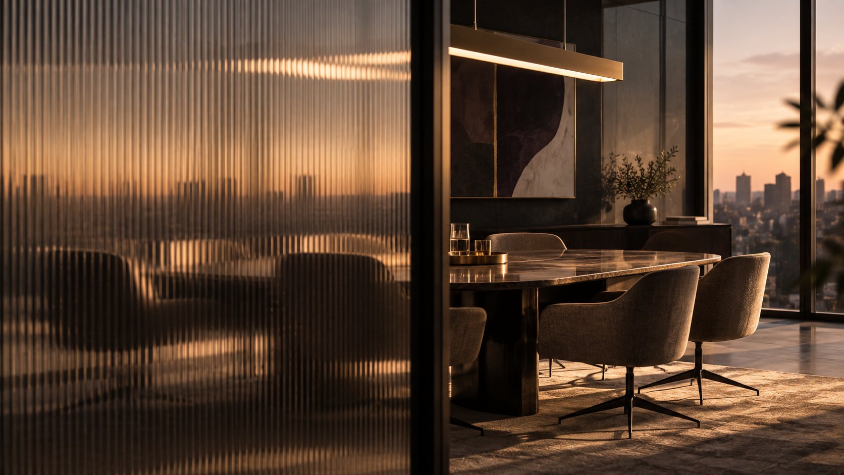 A softly lit room seen through reeded glass, an empty table and chairs partially obscured by the textured glass