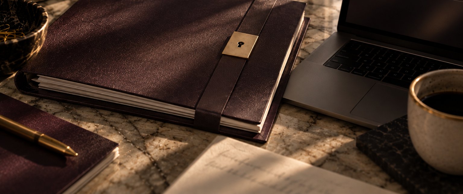 A closed leather journal with a brass keyhole clasp on a marble desk
